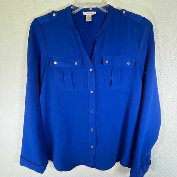 Calvin Klein Blue Blouse W/ Shoulder Epaulets and Front Pockets- Size M - Picture 1 of 8